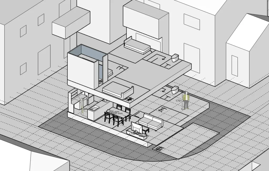 SketchUp Freeで楽しむ間取りシミュレーションの一部です(下書き、配置検討のステップ)